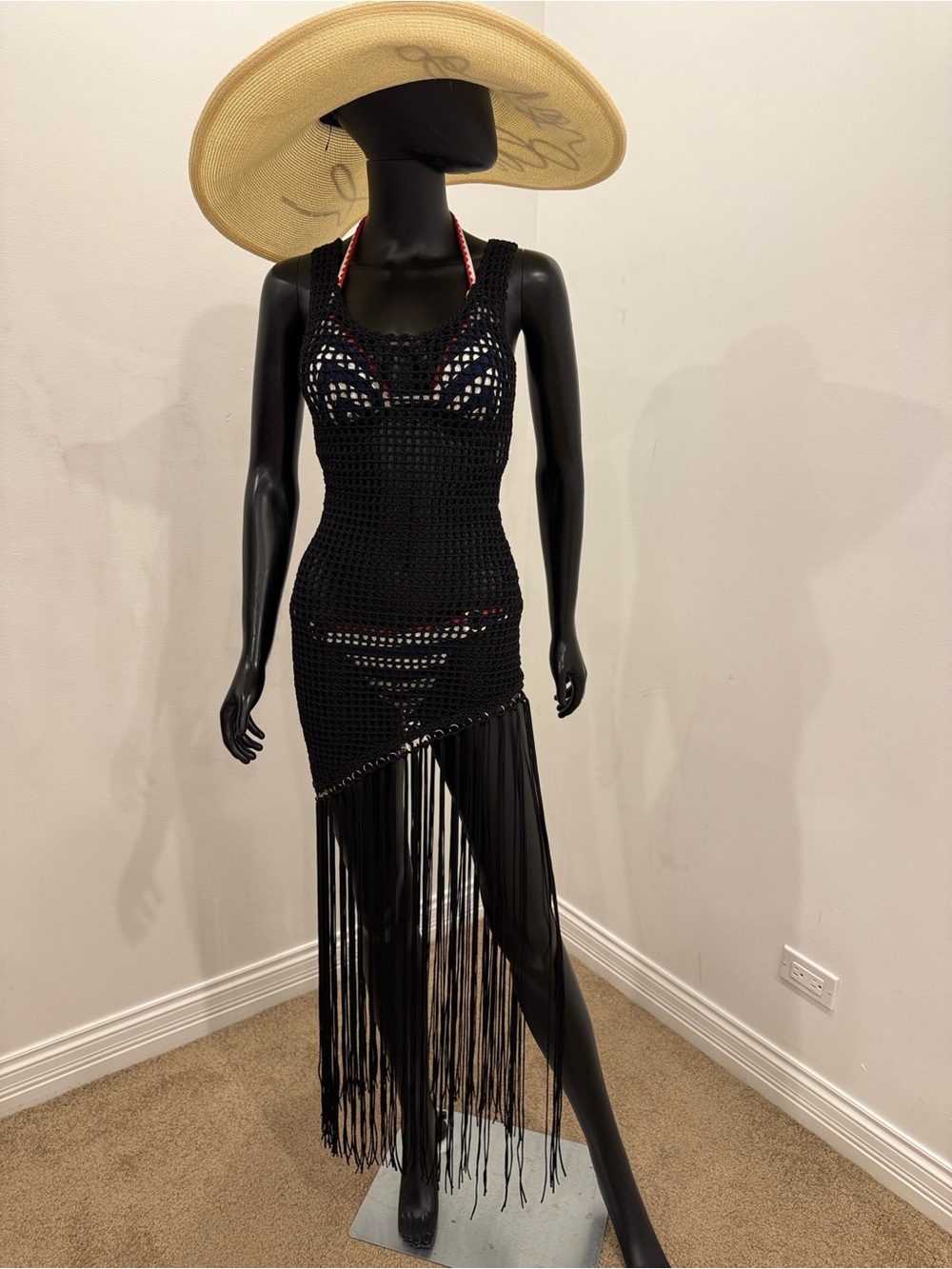 Beach Bunny Black Crochet Fringe Cover Up Dress One Size NEW